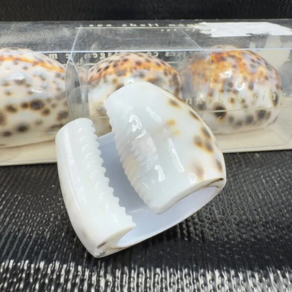 Pier 1 Brown Tiger‎ Spotted Cowrie Seashell Shell Napkin Rings Set 4 New In Box